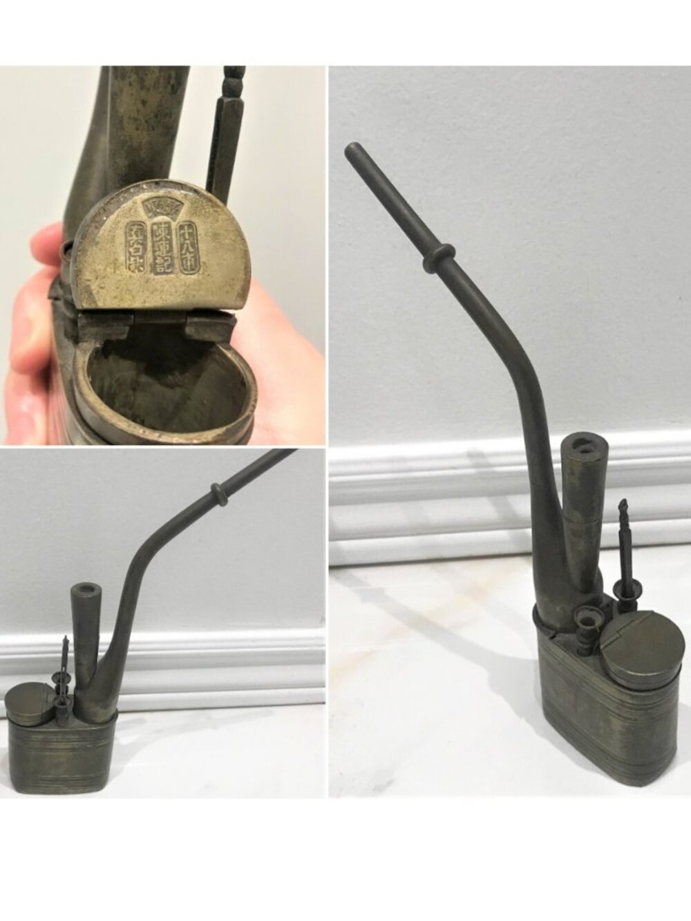 Collectible Antique Chinese Paktong Water Pipe Tobacciana 廣東十八舖陳蓮記
